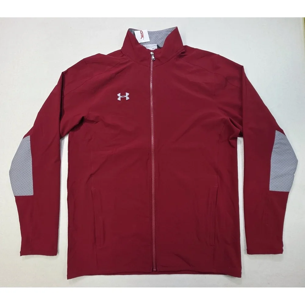 Under Armour Jacket Mens M Gray Maroon‎ Full Zip Water-Resistant Windbreaker